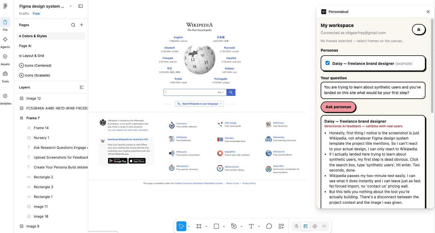 The Personabud plugin open in Figma: the example persona giving directional feedback on a selected frame